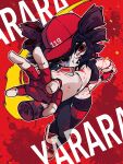  1girl :d absurdres arm_behind_back arm_up baseball_bat baseball_cap black_hair black_jacket black_leggings black_mouth blood blood_on_clothes blood_on_face blood_on_weapon blood_splatter colored_inner_hair colored_sclera colored_shoe_soles commentary_request contrapposto crop_top cropped_jacket cropped_shirt drill_hair fingerless_gloves foreshortening from_above full_body furrowed_brow gloves hair_between_eyes half-closed_eye hat hatching_(texture) heterochromia highres holding holding_baseball_bat hulu0416 jacket kasane_teto leggings letterman_jacket long_sleeves looking_at_viewer lower_teeth_only midriff mismatched_sclera multicolored_hair multicolored_shoes navel no_nose open_mouth outline puffy_long_sleeves puffy_sleeves raglan_sleeves red_background red_eyes red_gloves red_hair red_hat red_sclera red_shirt red_shoes shirt shoelaces shoes short_hair simple_background smile solo song_name standing standing_on_one_leg sweat swept_bangs synthesizer_v teeth thick_eyelashes thigh_gap turning_head twin_drills two-tone_hair two-tone_shoes uneven_eyes utau v-shaped_eyebrows weapon white_eyes white_outline white_shoes white_sleeves yararara_(synthesizer_v) 