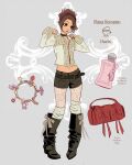  1girl adjusting_collar alternate_costume artist_name bag bag_ribbon belt black_choker black_hairband boots bottle bow bracelet brown_belt brown_boots brown_eyes brown_hair brown_shorts character_name choker collared_shirt commentary copyright_name cross_background curtained_hair dated emwjpg english_commentary equipment_layout fashion fold-over_boots food-themed_bracelet footwear_bow friendship_bracelet full_body fur-trimmed_shirt fur_trim grey_background hair_bun hairband handbag hands_on_own_shoulders highres jewelry knee_boots komatsu_nana lace lace_pantyhose lips long_sleeves looking_down loose_hair_strand midriff modeling nana_(series) navel over-kneehighs pantyhose parted_bangs perfume_bottle red_bag red_ribbon ribbon shirt shorts single_hair_bun socks socks_over_pantyhose solo standing star_bracelet thighhighs vivienne_westwood white_pantyhose white_socks zipper 
