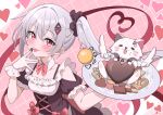  1girl absurdres black_dress black_scrunchie bow bowtie cat chi_lee chocolate clothing_cutout collar cookie creature detached_collar detached_wings dress food framed_breasts gloves grey_hair hair_ornament hair_scrunchie highres holding holding_plate indie_virtual_youtuber kannagi_tenri long_hair paw_print pink_bow pink_bowtie plate red_eyes scrunchie short_sleeves shoulder_cutout side_ponytail tongue tongue_out upper_body virtual_youtuber white_collar white_gloves white_wings white_wrist_cuffs wings wrist_cuffs 