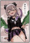  1girl :d artist_name black_choker black_sailor_collar black_shirt black_skirt blush border borrowed_character breasts breath choker clothes_lift cowboy_shot crossed_legs dragon_girl dragon_tail dragon_wings ear_piercing freckles fuyudori_yukino green_eyes green_nails green_wings grey_hair groin hair_between_eyes hair_ornament hairclip half-closed_eyes hand_rest highres horns lifting_own_clothes long_sleeves looking_at_viewer medium_breasts medium_hair mole mole_on_stomach mole_under_eye multicolored_hair multicolored_nails multicolored_sailor_collar multicolored_skirt navel neckerchief original piercing ponkotsu_kaku_shippo-chan_(rumford) purple_hair purple_nails purple_ribbon purple_scales purple_skirt ribbon sailor_collar school_uniform serafuku shirt sitting sketch_background skirt skirt_lift smile solo speech_bubble steam striped_clothes striped_skirt sweatdrop tail tail_ornament tail_ribbon talking translation_request twitter_username v vertical-striped_clothes vertical-striped_skirt white_neckerchief white_sailor_collar wings 