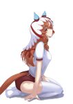  1girl animal_ears arm_support blush breasts brown_hair brown_tail buruma commentary_request ear_covers from_side gym_shirt hair_between_eyes hair_ribbon highres horse_ears horse_girl horse_tail long_hair looking_at_viewer multicolored_hair niku85son parted_lips red_buruma red_eyes ribbon seiza shirt short_sleeves simple_background sitting small_breasts solo still_in_love_(umamusume) streaked_hair tail tail_through_clothes thighhighs thighs tracen_training_uniform umamusume veil white_background white_shirt white_streaks white_thighhighs white_veil 