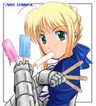  2005 ahoge armor artoria_pendragon_(all) blonde_hair dripping fate/stay_night fate_(series) food green_eyes looking_at_viewer popsicle popsicle_stick saber solo 