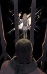  1boy 1girl armor black_background black_hair blonde_hair blue_eyes breastplate byuub collar from_behind hairband highres holding holding_torch in_cell iron_bars league_of_legends lux_(league_of_legends) medium_hair metal_collar muscular muscular_male prison_cell sylas_(league_of_legends) topless_male torch 