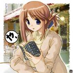  blue_eyes book brown_hair cardigan folded_ponytail hair_ornament hairclip hana_(hana_mo_arashi_mo) holding holding_book komaki_manaka long_sleeves looking_at_viewer sitting solo table to_heart_2 turtleneck 