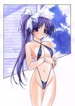  2001 ass_visible_through_thighs bangle bangs bare_shoulders black_swimsuit blush bow bracelet breasts closed_mouth collarbone eyebrows_visible_through_hair groin hair_bow hasumi_eran itou_noemi jewelry long_hair looking_at_viewer medium_breasts navel purple_eyes purple_hair side_ponytail signature slingshot_swimsuit solo standing stomach swimsuit thigh_gap white_bow with_you 