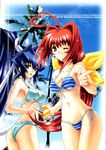  ahoge ass back bikini blue_eyes blue_hair breasts cameltoe cleavage covered_nipples day front-tie_top heart_ahoge highres huge_ahoge kagami_sumika long_hair medium_breasts mitsurugi_meiya multiple_girls muvluv one_eye_closed pointing ponytail red_eyes red_hair side-tie_bikini striped striped_bikini swimsuit sword uguisu_kagura very_long_hair weapon 