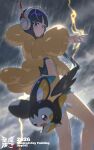  1girl black_hair blue_eyes blunt_bangs breasts closed_mouth cloud cloudy_sky coat demonqz7 elesa_(pokemon) emolga flying_squirrel fur_coat headphones highres jacket lightning looking_at_viewer midriff outdoors pokemon pokemon_(creature) pokemon_black_2_and_white_2 rain sidelocks sky squirrel 