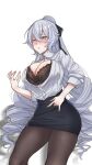  1girl black_bra black_pantyhose black_skirt blush bra breasts bronya_zaychik bronya_zaychik_(outstanding_attitude) bronya_zaychik_(silverwing:_n-ex) cleavage commentary_request drill_hair grey_eyes grey_hair honkai_(series) honkai_impact_3rd large_breasts long_hair official_alternate_costume pantyhose pencil_skirt shirt simple_background skirt solo twin_drills underwear very_long_hair white_background white_shirt zieeal 