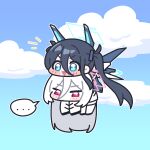  ... 2girls aqua_halo aris_(armed)_(blue_archive) aris_(blue_archive) black_hair blue_archive blue_eyes blue_sky chibi chibi_only cloud colored_skin commentary day dress flying hair_between_eyes halo headgear highres ishikoro24 kei_(blue_archive) kei_(decagrammaton)_(blue_archive) long_hair long_hair_between_eyes long_sleeves mecha_musume mechanical_wings multiple_girls official_alternate_costume open_mouth outdoors pink_halo rectangular_halo red_eyes sky spoken_ellipsis twintails untranslatable_commentary very_long_hair white_dress white_hair white_skin wings 