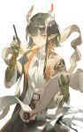  1girl absurdres arknights beads black_hair black_jacket braid bright_pupils calligraphy_brush chinese_commentary closed_mouth colored_extremities commentary earrings english_commentary hagoromo hand_up highres holding holding_calligraphy_brush holding_paintbrush holding_scroll horns jacket jewelry jie_(arknights) looking_at_viewer mixed-language_commentary open_clothes open_jacket paintbrush pointy_ears scroll shawl shirt short_hair_with_long_locks simple_background smile solo white_background white_pupils white_shirt yellow_eyes yinhepongpong 