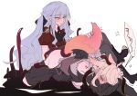  2girls animal_ears ascot bang_dream! bang_dream!_it's_mygo!!!!! black_ascot black_dress blonde_hair blue_hair blush clothing_cutout commentary dog_ears dog_girl dog_tail doloris_(bang_dream!) dress highres kemonomimi_mode kira_reader long_hair misumi_uika multiple_girls oblivionis_(bang_dream!) purple_eyes red_shirt shirt short_sleeves shoulder_cutout sidelocks simple_background tail tearing_up tentacle_sex tentacles togawa_sakiko white_background yellow_eyes yuri 
