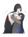  2girls araya_(project_moon) black_hair blue_streaks bob_cut brown_coat closed_eyes coat collared_shirt colored_inner_hair commentary flat_chest heiya_desu highres holding hug jacket jacket_on_shoulders lapels lifting_person limbus_company long_hair long_sleeves messy_hair mother_and_child mother_and_daughter multicolored_hair multiple_girls notched_lapels open_mouth pants parent_and_child project_moon red_eyes ryoshu_(project_moon) shirt short_hair simple_background smile streaked_hair sweatdrop translation_request untranslatable_commentary white_background white_shirt 