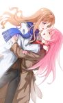  2girls absurdres bang_dream! bang_dream!_it's_mygo!!!!! black_pantyhose blue_eyes blue_scarf brown_coat brown_hair carrying carrying_person chihaya_anon chinese_commentary closed_eyes coat commentary_request highres hug long_hair multiple_girls nagasaki_soyo open_mouth pantyhose pink_hair red_scarf scarf sidelocks simple_background sokat teeth white_background white_coat yuri 