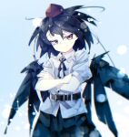  1girl bird_wings black_hair black_ribbon black_skirt black_wings blue_background brown_hair closed_mouth collared_shirt commentary_request crossed_arms gorilla_(bun0615) hat highres looking_at_viewer neck_ribbon orange_eyes puffy_short_sleeves puffy_sleeves red_hat ribbon shameimaru_aya shirt short_sleeves skirt smile solo tokin_hat touhou white_shirt wings 