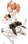  1girl ass back bangs blush breasts elbow_gloves eyebrows_visible_through_hair frame_arms_girl gaigar gloves hair_ornament hair_rings highres mecha mecha_musume open_mouth orange_eyes orange_hair panties personification short_hair side-tie_panties simple_background sitting solo tail teeth tight twintails underwear white_background white_gloves white_panties yang-do yuusha_ou_gaogaigar yuusha_series 