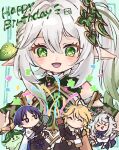  >_< 2boys 2girls aether_(genshin_impact) ahoge aranara_(genshin_impact) armlet arms_at_sides asymmetrical_sidelocks black_bow black_bridal_gauntlets black_cape black_gloves black_pants black_shirt black_shorts black_sleeves blue_cape blue_sleeves blunt_ends blush bow braid bridal_gauntlets cape choppy_bangs closed_eyes commentary_request confetti crop_top cropped_shirt cross-shaped_pupils detached_sleeves diamond_hair_ornament dress eyelashes eyeliner facing_another furisode gem genshin_impact gloves gold gold_armlet gold_ring green_eyes green_gem green_hair green_pupils green_sleeves hair_between_eyes hair_ornament half_crown_braid halo happy_birthday heart heart_hair_ornament highres japanese_clothes jewelry jitome kaze_oshi27 kimono layered_sleeves leaf leaf_hair_ornament long_hair long_sleeves looking_at_another low-braided_long_hair low-tied_long_hair makeup mechanical_halo medium_hair middle_ring multicolored_hair multiple_boys multiple_girls nahida_(genshin_impact) no_mouth open_clothes open_kimono open_mouth paimon_(genshin_impact) pants parted_bangs party_popper pink_halo pointy_ears purple_eyes purple_hair red_eyeliner romper scaramouche_(genshin_impact) scarf shirt short_sleeves shorts side_cape side_ponytail sidelocks streaked_hair symbol-shaped_pupils triangle_mouth tsurime wanderer_(genshin_impact) white_dress white_hair white_kimono white_romper white_scarf white_sleeves 
