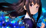  1girl absurdres black_hair blue_dress closed_mouth clover commentary_request dress floating_hair flower four-leaf_clover highres holding holding_clover inoue_takina long_hair lycoris_recoil lycoris_uniform purple_eyes sengoku_chidori solo spider_lily upper_body 