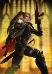  1girl armor artist_name blonde_hair blue_eyes bob_cut boobplate cape closed_mouth commission couter cuirass cuisses dual_wielding english_commentary explosive floating_cape floating_hair from_side gauntlets glint greaves grenade gun handgun high_ponytail highres holding holding_gun holding_weapon imperium_of_man indoors inquisition_(warhammer) john_stone_art light_smile long_hair looking_at_viewer pauldrons poleyn ponytail power_armor purity_seal red_cape rerebrace science_fiction shoulder_armor solo stained_glass sword two-sided_cape two-sided_fabric upper_body warhammer_40k weapon white_cape window 