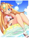  1girl ;) afloat arm_up bikini blonde_hair blue_eyes blush border ciel_(mega_man) commentary commission commissioner_upload cougar_(cougar1404) eating feet food from_below full_body headgear high_ponytail holding holding_food innertube long_hair looking_at_viewer mega_man_(series) mega_man_x_(series) mega_man_x_dive mega_man_zero_(series) official_alternate_costume one_eye_closed outside_border ponytail sandals shaved_ice sitting skeb_commission sky smile solo swim_ring swimsuit utensil_in_mouth very_long_hair water wet white_border 