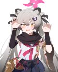  1girl animal_ear_fluff animal_ears black_scarf blue_archive blush chinese_commentary claw_pose colored_inner_animal_ears commentary_request eyeshadow fang grey_hair hair_between_eyes halo hands_up highres long_hair looking_at_viewer makeup michiru_(blue_archive) mou_buzhiming_huashi neckerchief open_mouth pink_eyeshadow pink_halo pink_neckerchief raccoon_ears raccoon_girl raccoon_hair_ornament scarf short_eyebrows simple_background skin_fang smile solo twintails white_background yellow_eyes 
