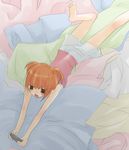  :d barefoot bed_sheet blush brown_eyes feet lying on_stomach open_mouth orange_hair original playing_games pointy_ears sazaki_ichiri smile solo two_side_up video_game 