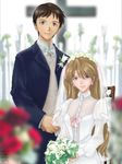  1girl blonde_hair blue_eyes bouquet bridal_veil bride brown_hair cross dress earrings flower formal good_end highres ikari_shinji jewelry long_hair long_sleeves meguro_fukuzou neon_genesis_evangelion older ribbon smile souryuu_asuka_langley suit veil wedding wedding_dress white_dress 