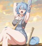  1girl :o absurdres ahoge arahashi_tabi arm_warmers armpits arms_up bare_legs blue_eyes blue_hair blue_overalls breasts cleavage cloud cloudy_sky colorful_clouds commentary_request creature crossed_legs denim denim_overalls evening feet_out_of_frame grey_arm_warmers grey_sports_bra heart heart_ahoge highres jewelry korean_commentary large_breasts looking_at_viewer looking_to_the_side necklace one_eye_closed open_mouth outdoors overall_shorts overalls pungdangi_(arahashi_tabi) short_hair short_shorts shorts sitting sky solo_focus sports_bra stellive tears thighs virtual_youtuber wabtteong yawning 