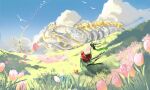  1girl absurdres animal animal_skeleton armlet banner bare_shoulders bow cape cat chinese_commentary cloak clothed_animal commentary_request day dragon dress ear_covers elbow_gloves evergreen_vow_(infinity_nikki) field floating_clothes floating_hair flock flower flower_field from_behind gloves grass green_cape green_dress green_gloves hair_bow hair_bun highres hill holding holding_banner hood hood_up hooded_cloak in-universe_location infinity_nikki jewelry landscape long_dress long_hair momo_(nikki) nikki_(series) outdoors petals pink_flower pleated_dress red_hair shadow single_hair_bun sleeveless sleeveless_dress tulip very_long_hair wavy_hair white_bow white_cat wide_shot wind xing_feng_singfor yellow_cloak 