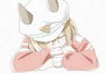  1girl :3 blue_ribbon blush brown_hair cheval_grand_(umamusume) closed_eyes crossed_arms double-parted_bangs ear_covers flat_cap hair_between_eyes hakugitsu hat hat_ribbon head_rest highres horse_girl jacket long_sleeves paper_texture red_jacket ribbon sidelocks simple_background sleeping solo tracen_training_uniform track_jacket umamusume upper_body white_background white_hat 