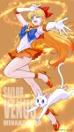  1girl aino_minako artemis_(sailor_moon) back_bow bishoujo_senshi_sailor_moon blonde_hair blue_eyes bow cat character_name choker commentary crescent crescent_facial_mark dj_jdite earrings elbow_gloves facial_mark gloves highres jewelry long_hair orange_choker orange_sailor_collar orange_skirt pleated_skirt sailor_collar sailor_senshi_uniform sailor_venus skirt smile white_cat white_gloves 