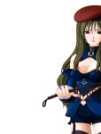  1girl 2000s_(style) beret black_thighhighs blush breasts brown_eyes brown_hair cleavage closed_mouth collar detached_sleeves dominatrix ferises game_asset garter_straps green_hair hat holding large_breasts lipstick long_hair looking_at_viewer mahou_senshi_(series) mahou_senshi_princess_tear makeup nail_polish navel non-web_source official_art purple_eyes red_nails riding_crop saitou_natsuki self-datamine shorts simple_background smile solo standing tachi-e thighhighs transparent_background variant_set whip 
