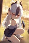  1girl adjusting_hair black_bow black_choker black_dress black_hair black_horns black_nails blue_archive blurry blurry_background bow breasts bright_pupils cardigan choker commentary demon_girl demon_horns demon_wings dress ear_piercing full_body grey_cardigan grey_halo hair_between_eyes hair_bow hair_ornament hairclip halo hand_in_own_hair hand_on_ground high_heels highres horns kayoko_(blue_archive) kayoko_(dress)_(blue_archive) kuchisode long_hair looking_at_viewer low_wings multicolored_hair official_alternate_costume on_one_knee piercing red_eyes short_dress single_wing small_breasts solo two-tone_hair white_hair white_pupils wings 