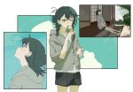  1girl bad_id bad_twitter_id black_shorts crossed_bangs day eating food from_side gakuen_idolmaster green_hair grey_jacket hair_bun highres holding holding_ice_cream_cone hood hood_down hooded_jacket ice_cream ice_cream_cone idolmaster jacket light_blush long_hair looking_up maiko_(machael89642677) multiple_views one_eye_closed open_mouth outside_border profile shirt short_sleeves shorts shouji sitting sketch sky sliding_doors tsukimura_temari veranda white_shirt 