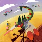  bug commentary_request dragonfly fangs flying highres insect_wings jigglypuff multiple_wings no_humans pikachu piplup pokemon pokemon_(creature) pokemon_focus red_eyes rooftop rumiko_(vertlapin96) weather_vane wheat_field wings yanmega 