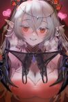 1girl bare_shoulders blazing_cartesia_the_virtuous breasts cleavage colored_skin commentary_request dress duel_monster ecclesia_(yu-gi-oh!) gauntlets grey_hair hair_between_eyes heavy_breathing highres holding holding_underwear holding_unworn_clothes large_breasts long_hair pointy_ears red_dress red_eyes solo tiara underwear veil white_skin xunfengbeng yu-gi-oh! 