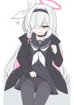  1girl absurdres anger_vein black_choker black_coat black_eyes black_hairband black_panties black_sailor_collar black_serafuku blue_archive blush bow bow_panties braid choker clenched_teeth clothes_lift coat colored_inner_hair commentary_request hair_over_one_eye hairband halo highres lifting_own_clothes long_hair looking_at_viewer mizusaki_(kn27) multicolored_hair neckerchief panties panties_under_pantyhose pantyhose pink_halo plana_(blue_archive) pleated_skirt red_pupils ribbon sailor_collar school_uniform serafuku simple_background single_braid skirt skirt_lift solo teeth thighband_pantyhose underwear white_background white_neckerchief white_ribbon 