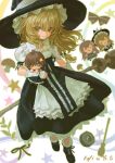  2girls absurdres artist_self-insert black_boots black_dress blonde_hair boots braid broom broom_riding chinese_commentary closed_mouth commentary_request curiosities_of_lotus_asia dress hair_ornament hat highres kirisame_marisa kofi-mo long_hair mini-hakkero mini_person minigirl multiple_girls mushroom official_alternate_costume original puffy_short_sleeves puffy_sleeves purple_eyes short_sleeves side_braid simple_background single_braid sleeve_ribbon smile star_(symbol) star_hair_ornament touhou white_background witch_hat yellow_eyes 
