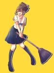  70lio black_socks blue_bow blue_skirt bow braid breasts broom brown_eyes brown_hair chest_bow chuo_tanegashima_high_school_uniform collarbone commentary_request cropped_shirt full_body hair_between_eyes half_up_braid high-waist_skirt highres holding holding_broom kneehighs miniskirt open_mouth pleated_skirt robotics;notes sailor_collar school_uniform science_adventure senomiya_akiho shirt simple_background skirt small_breasts smile socks summer_uniform teeth tongue white_sailor_collar white_shirt yellow_background yellow_eyes 