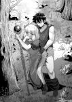  1boy 1girl absurdres ahoge bare_legs bent_over blush breasts clothed_sex clothes_lift clothes_pull commentary commission commissioner_upload covering_own_mouth dress dress_lift english_commentary fingerless_gloves fire_emblem fire_emblem:_genealogy_of_the_holy_war forest gloves grabbing_from_behind greyscale grin guillermourize1 hair_ornament hairclip hand_over_own_mouth hands_on_another's_hips heart hetero highres holding holding_staff lana_(fire_emblem) looking_to_the_side monochrome motion_lines nature open_mouth outdoors pants pants_pull planted_staff scathach_(fire_emblem) sex sex_from_behind short_hair sleeveless small_breasts smile spread_legs staff standing standing_sex torso_grab tree tunic 