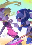  1boy 2girls absurdres android ass blonde_hair blue_eyes blue_helmet bodystocking breasts ciel_(mega_man) commentary_request crop_top fairy_leviathan_(mega_man) fins futaga_tsuiteru gem gloves half-closed_eyes head_fins helmet highres holding holding_polearm holding_weapon long_hair mega_man_(series) mega_man_zero_(series) multiple_girls navel open_mouth pantheon_(mega_man) pink_top pointing pointing_at_another polearm robot_girl sideways_mouth skirt smile weapon zero(z)_(mega_man) zero_(mega_man) 