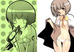  blush bob_cut bow brooch brown_eyes brown_hair cape character_request cosplay flat_chest hyuuga_hinata jewelry lowleg lowleg_panties mouth_hold multiple_girls naruto naruto_(series) navel nipples panties rosario+vampire sendou_yukari short_hair standing suzuki_kokono thigh_gap underwear white_panties 