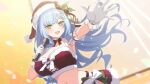  1girl armpits artist_request blue_hair bow bowtie breasts cleavage crop_top fur-trimmed_headwear fur-trimmed_skirt fur_trim game_asset gloves green_eyes hat holding holding_microphone kira_kurara large_breasts long_hair microphone midriff muv-luv muv-luv_girls_garden navel official_art open_mouth outstretched_arm red_hat santa_costume santa_hat skirt solo teeth third-party_source upper_body upper_teeth_only white_gloves 