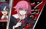  1boy 1girl annoyed black_dress black_jacket blue_eyes blue_hair bow breasts chaos;child character_name chest_bow collared_shirt cropped_jacket danganronpa_(series) dress dress_shirt glasses hand_on_own_hip hekiho_academy_school_uniform index_finger_raised jacket miyashiro_takuru necktie onoe_serika open_mouth owo_uwu_nyan parody pink_eyes pink_hair red_bow red_necktie sailor_collar school_uniform science_adventure shirt short_hair_with_long_locks small_breasts style_parody teeth tongue upper_teeth_only v-shaped_eyebrows white_sailor_collar 