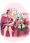  2girls ascot black_hat blonde_hair book brown_socks buttons calpis118 closed_eyes closed_mouth collared_shirt commentary_request couch crystal crystal_wings diamond_button disembodied_linked_eye eyeball facing_viewer flandre_scarlet frilled_shirt_collar frills green_hair green_skirt hat hat_ribbon highres kneehighs komeiji_koishi leaning_on_person long_sleeves missing_headwear mob_cap multicolored_wings multiple_girls on_couch open_book red_skirt red_vest ribbon shirt sitting skirt skirt_set sleeping sleeping_on_person socks touhou unworn_headwear vest white_hat white_shirt wings yellow_ascot yellow_shirt 