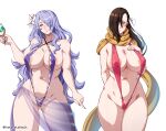  2girls absurdres adapted_costume areola_slip arm_behind_back artist_name ass_visible_through_thighs bare_arms bare_shoulders blush breasts brown_hair camilla_(fire_emblem) camilla_(tropical_beauty)_(fire_emblem) collarbone commentary covered_nipples criss-cross_halter cup curvy drink english_commentary fingernails fire_emblem fire_emblem_fates fire_emblem_heroes flower flower_request groin hair_flower hair_ornament hair_over_one_eye halterneck hand_on_own_chest highres holding holding_cup kagero_(fire_emblem) large_breasts long_hair multiple_girls nail_polish navel pink_slingshot_swimsuit purple_hair purple_nails purple_slingshot_swimsuit red_slingshot_swimsuit scarf simple_background slingshot_swimsuit stomach swimsuit thick_thighs thighs twitter_username very_long_hair wavy_hair white_background yamanata yellow_scarf 