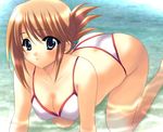  all_fours bad_anatomy bikini blue_eyes breasts brown_hair cleavage covered_nipples folded_ponytail komaki_manaka large_breasts lowres shindou_mikeko solo swimsuit to_heart_2 water 