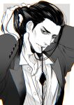 1boy absurdres chain chain_necklace chromatic_aberration commentary_request dress_shirt eyepatch greyscale highres horohnkn jewelry looking_at_viewer loose_hair_strand majima_goro male_focus medium_hair monochrome mouth_hold necklace one_eye_closed parted_lips ryuu_ga_gotoku_(series) ryuu_ga_gotoku_0 scar scar_across_eye scar_on_face shirt simple_background solo tuxedo tying_hair unbuttoned unbuttoned_shirt unworn_eyepatch upper_body 