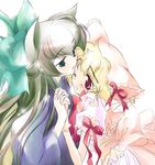  animal_ears artist_request blonde_hair blue_eyes bow cat_ears copyright_request frills green_hair hair_bow holding_hands interlocked_fingers japanese_clothes jpeg_artifacts licking multiple_girls one_eye_closed pink_eyes red_eyes ribbon simple_background tongue white_background yuri 