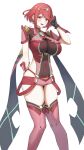  1girl absurdres blush breasts chest_jewel commentary_request core_crystal_(xenoblade) earrings fingerless_gloves floating_earrings gloves headpiece highres jewelry large_breasts looking_at_viewer open_mouth pyra_(xenoblade) red_eyes red_hair red_shorts red_thighhighs short_hair shorts simple_background smile solo swept_bangs taro_(peach_taro51) thighhighs tiara xenoblade_chronicles_(series) xenoblade_chronicles_2 