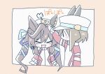 >_< 2girls :3 :d ahoge animal_ears blush border brown_hair cheval_grand_(umamusume) chibi chibi_only closed_eyes commentary_request double-parted_bangs ear_covers flat_chest hair_between_eyes hakugitsu hat highres horse_ears jacket long_hair long_sleeves looking_at_another mole mole_under_eye multicolored_hair multicolored_jacket multiple_girls open_mouth orange_border outside_border paper_texture puff_of_air red_jacket short_hair siblings sidelocks simple_background single_ear_cover sisters smile sound_effects streaked_hair tracen_training_uniform track_jacket twintails two-tone_jacket umamusume upper_body vivlos_(umamusume) white_background white_hat white_jacket 